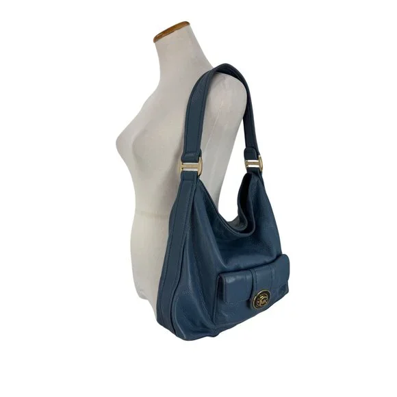 Michael Kors Pushlock Blue Leather Shoulder Bag Gold-Tone Hardware Front Pocket - Picture 2 of 14